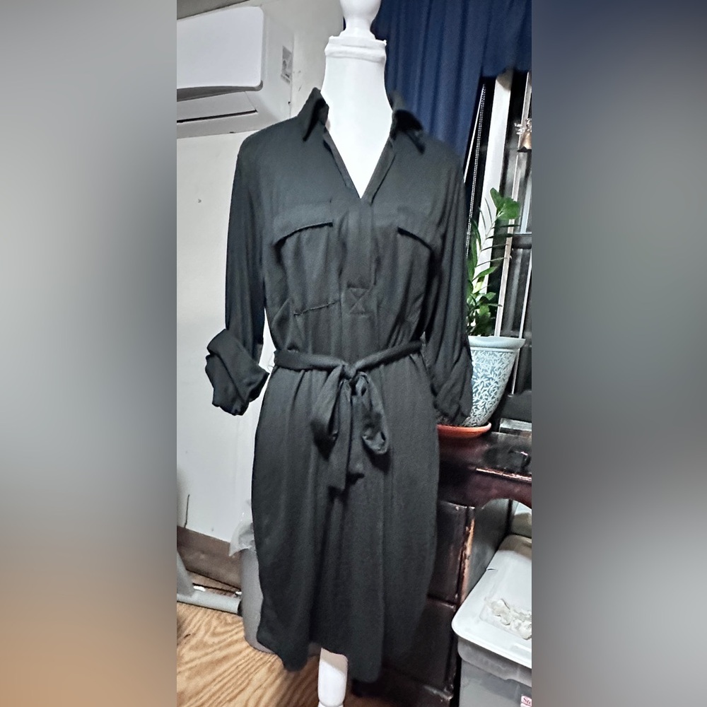 Ultra Flirt Black Long Sleeve Belted Shirt Dress. 1X